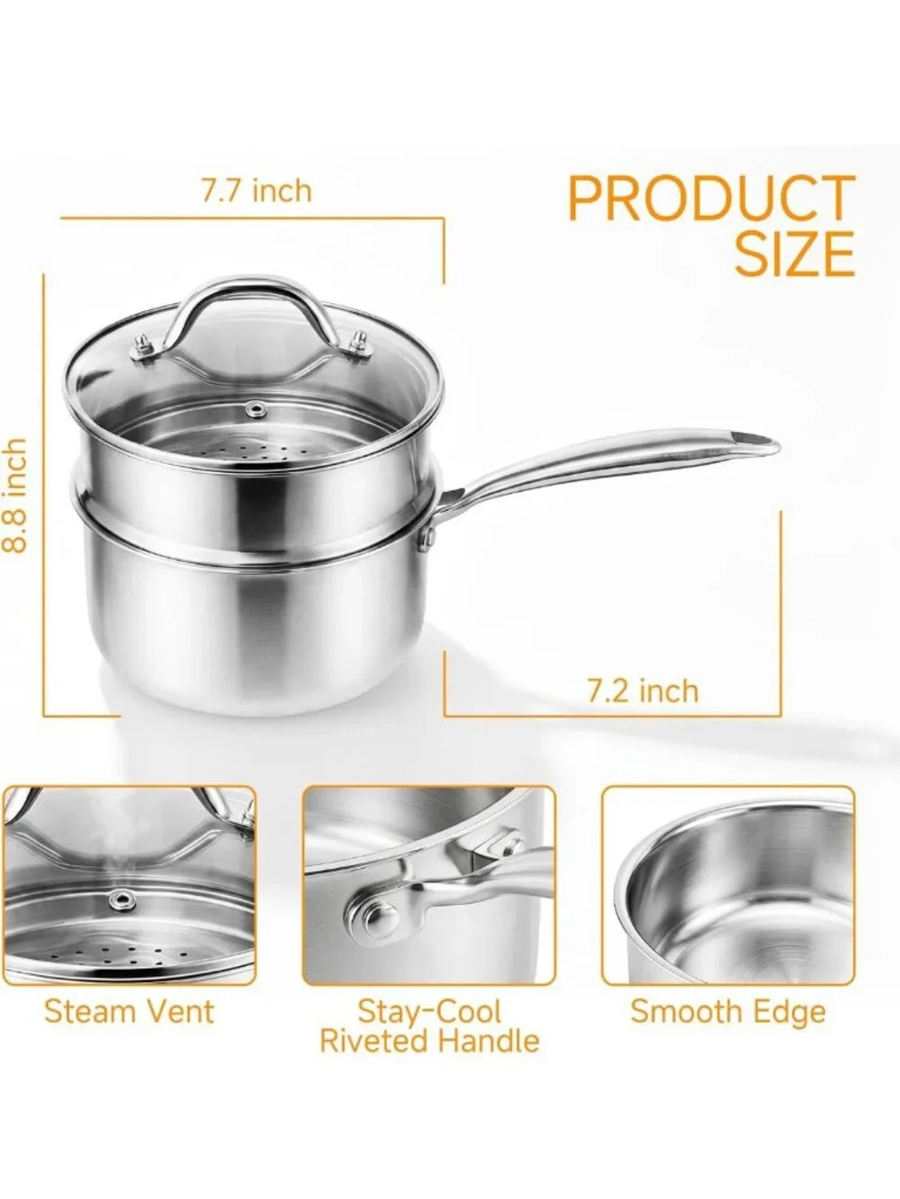 2.5 Qt Tri-Ply Stainless Steel Saucepan with Steamer Basket & Lid - Induction